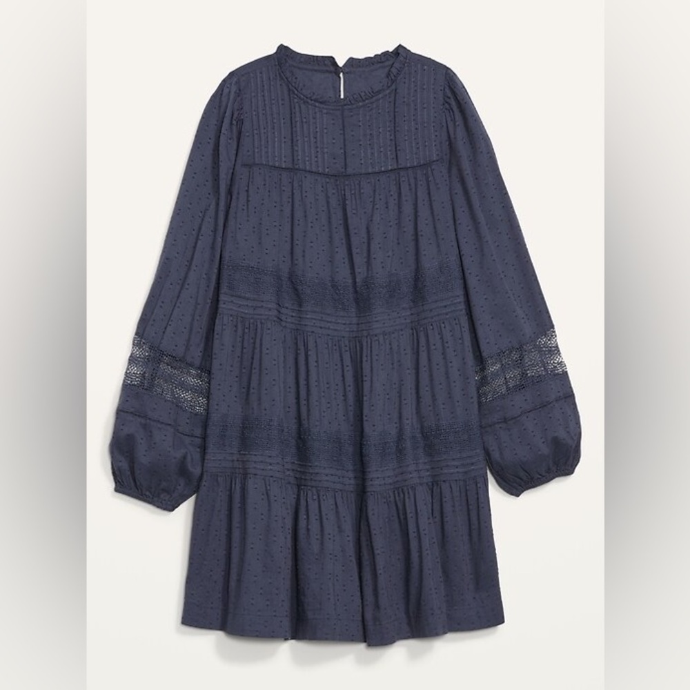 Long-Sleeve Pintucked Clip-Dot Mini Swing Dress